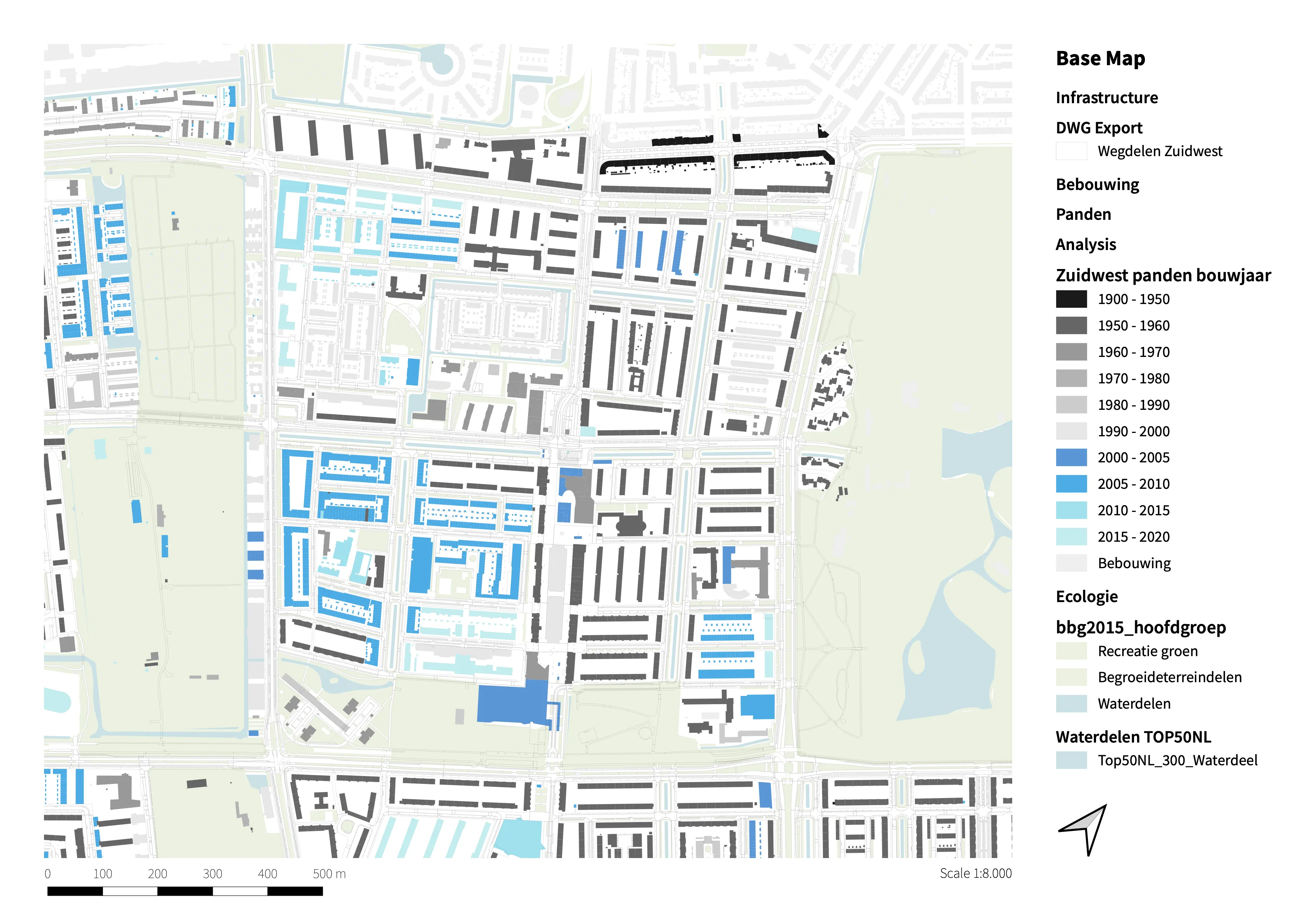 Kaart met bouwjaren van gebouwen in Morgenstond