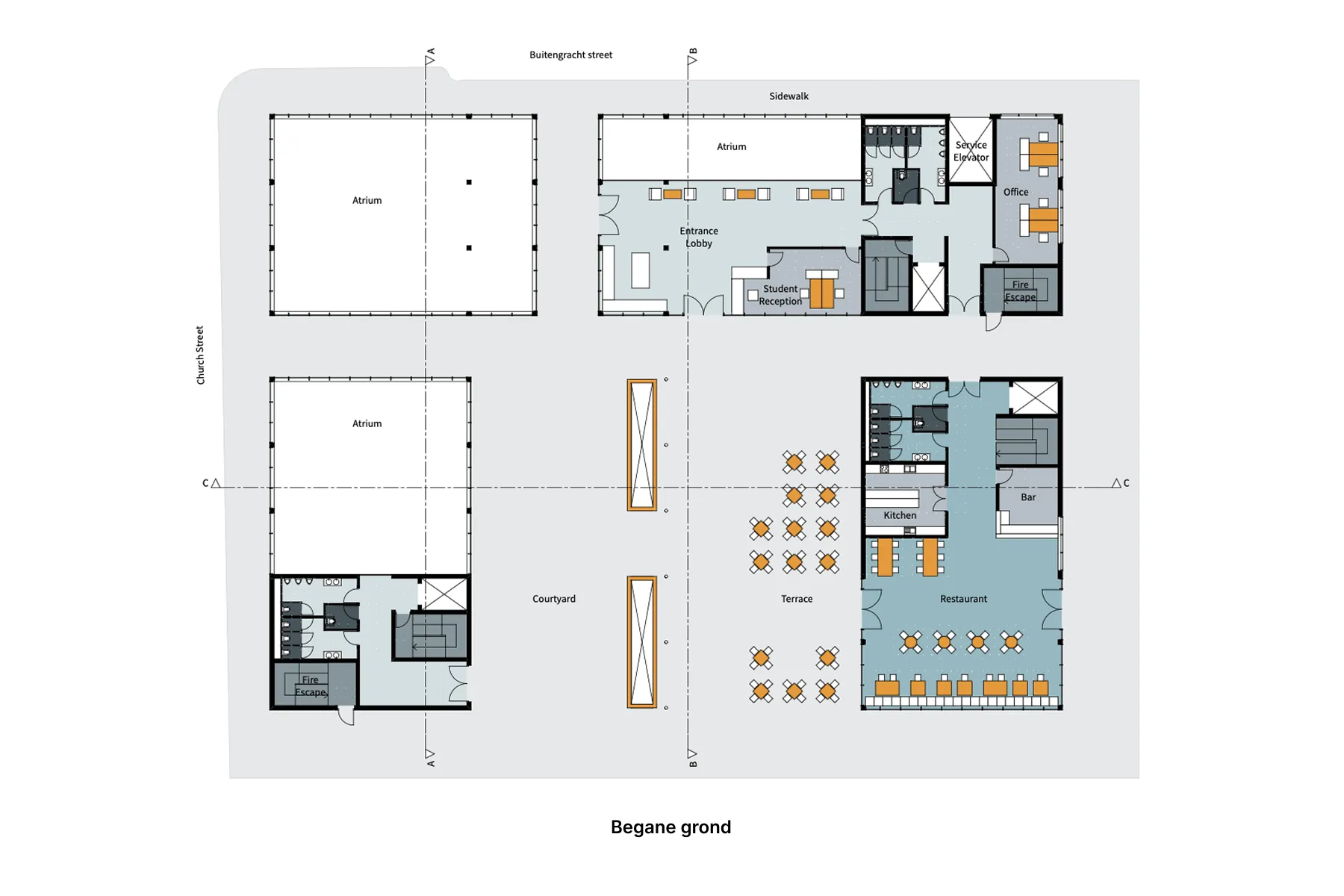 Plattegrond van de begane grond met entree, restaurant en verbindingen met het plein.