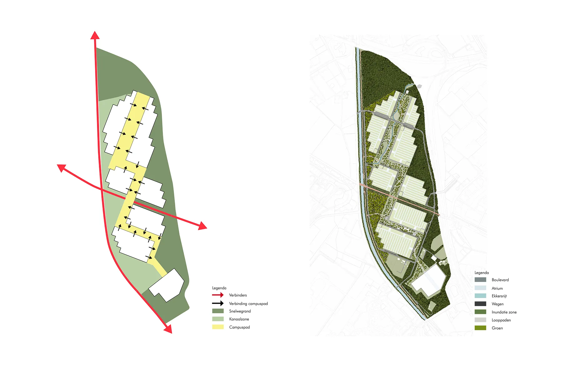 Overzichtskaart van het concept 'BIC Green Line' (vergelijkbaar met figuur p.19/23 uit het rapport), met het centrale campuspad, de gebouwclusters en de groene randzones.