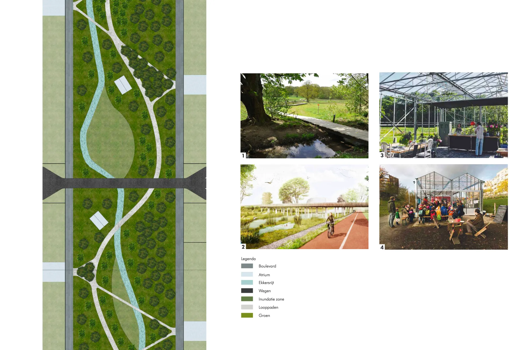 Plankaart van het noordelijk gebied 'De Tuinen' (vergelijkbaar met figuur p.56/57 uit het rapport), met de positionering van kassen en de relatie met de Ekkersrijt.