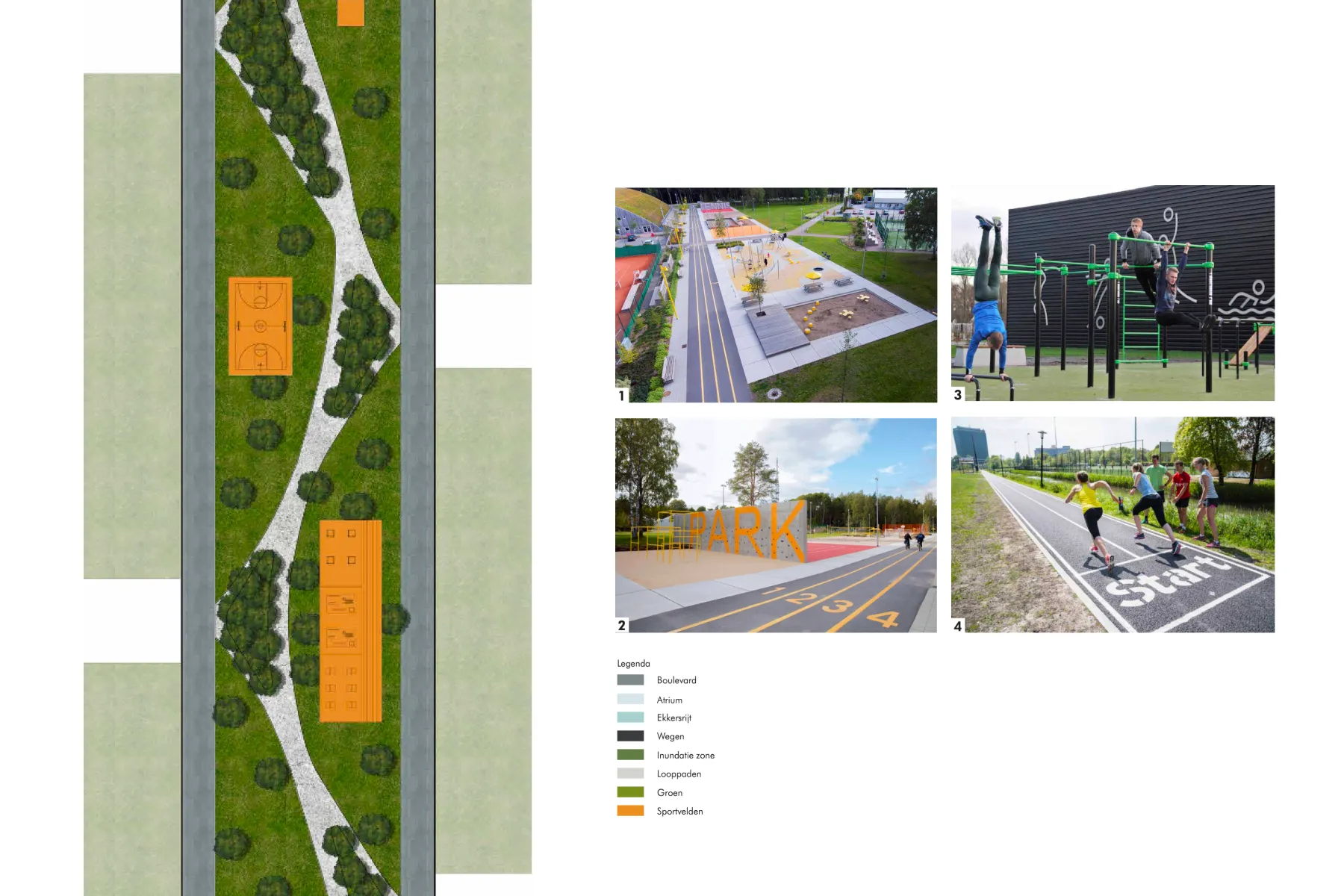 Plankaart van het zuidelijk gebied 'Het Sportpark' (vergelijkbaar met figuur p.58/59 uit het rapport), met de diverse sportvelden en faciliteiten.