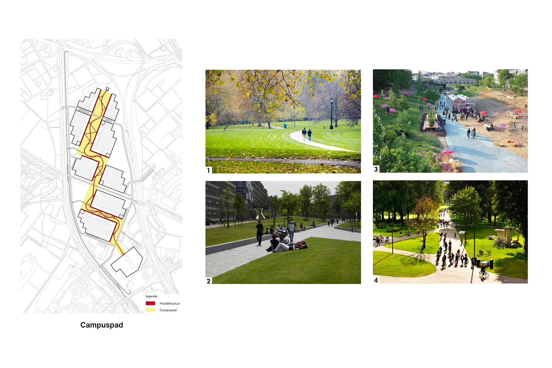 Details van het campuspad (vergelijkbaar met referenties op p.55 uit het rapport), die de materialisering, beplanting en het golvende karakter tonen.