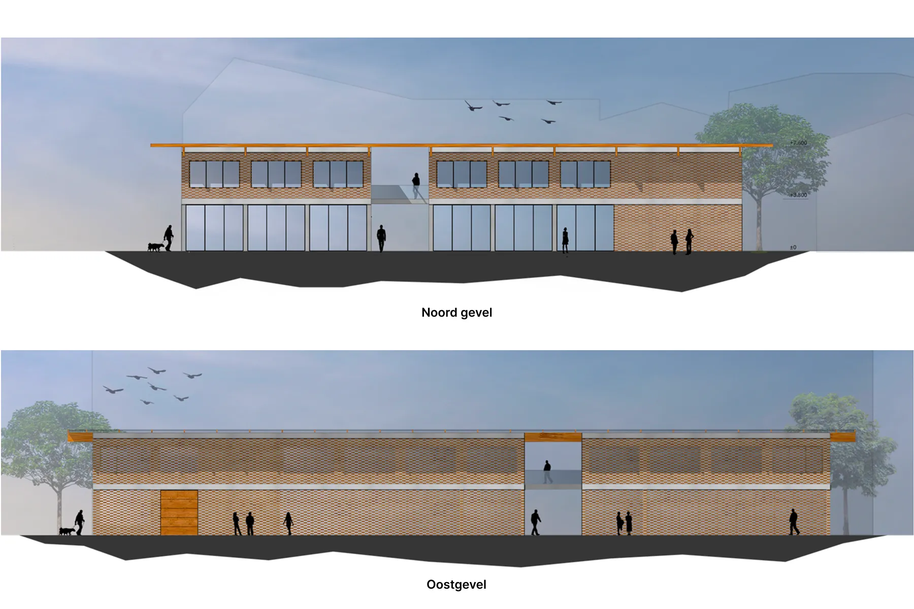 Aanzichten van de verschillende gevels van de Film Academy, die de gelaagdheid, materiaalgebruik en interactie met de stad tonen.