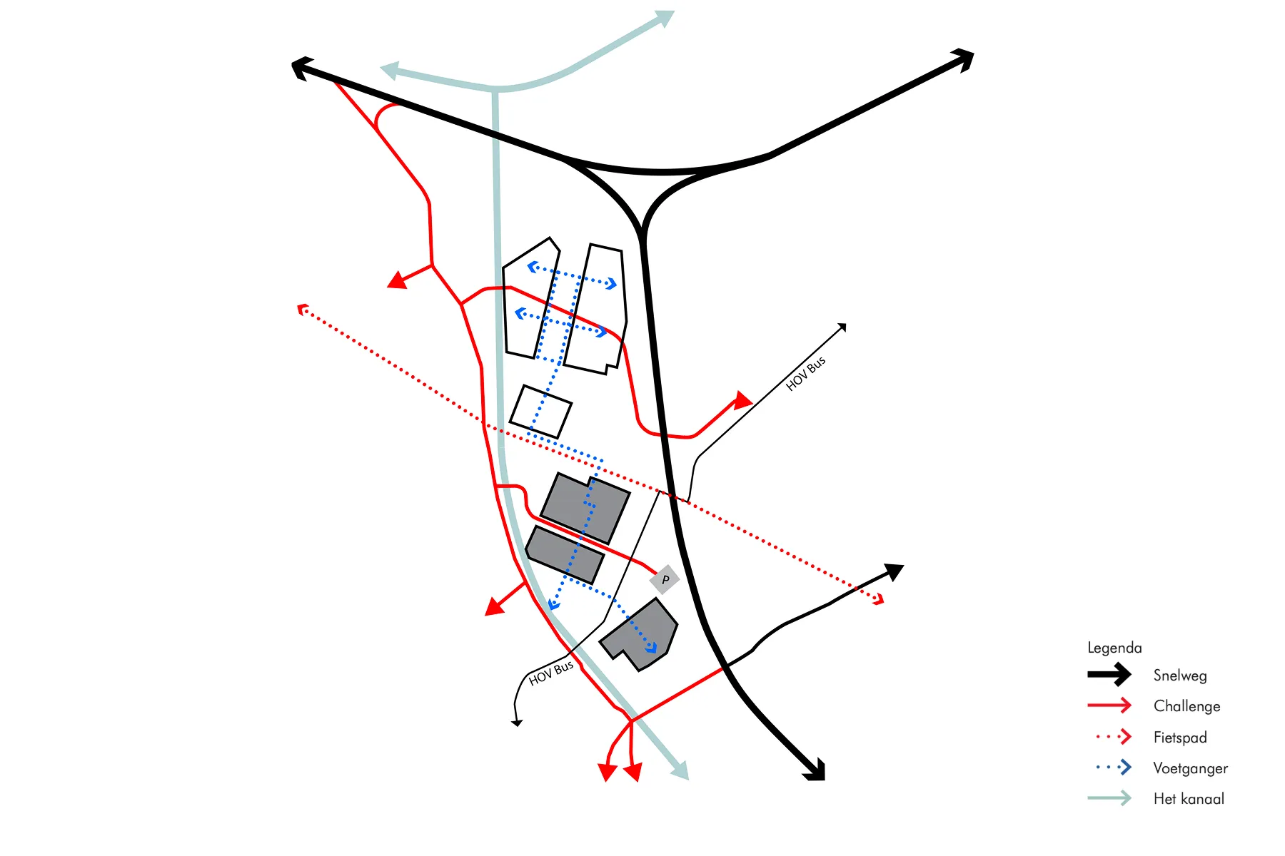 Nieuwe infrastructuurkaart (vergelijkbaar met figuur p.29 uit het rapport), die de ringweg voor gemotoriseerd verkeer en de routes voor fietsers en voetgangers toont.
