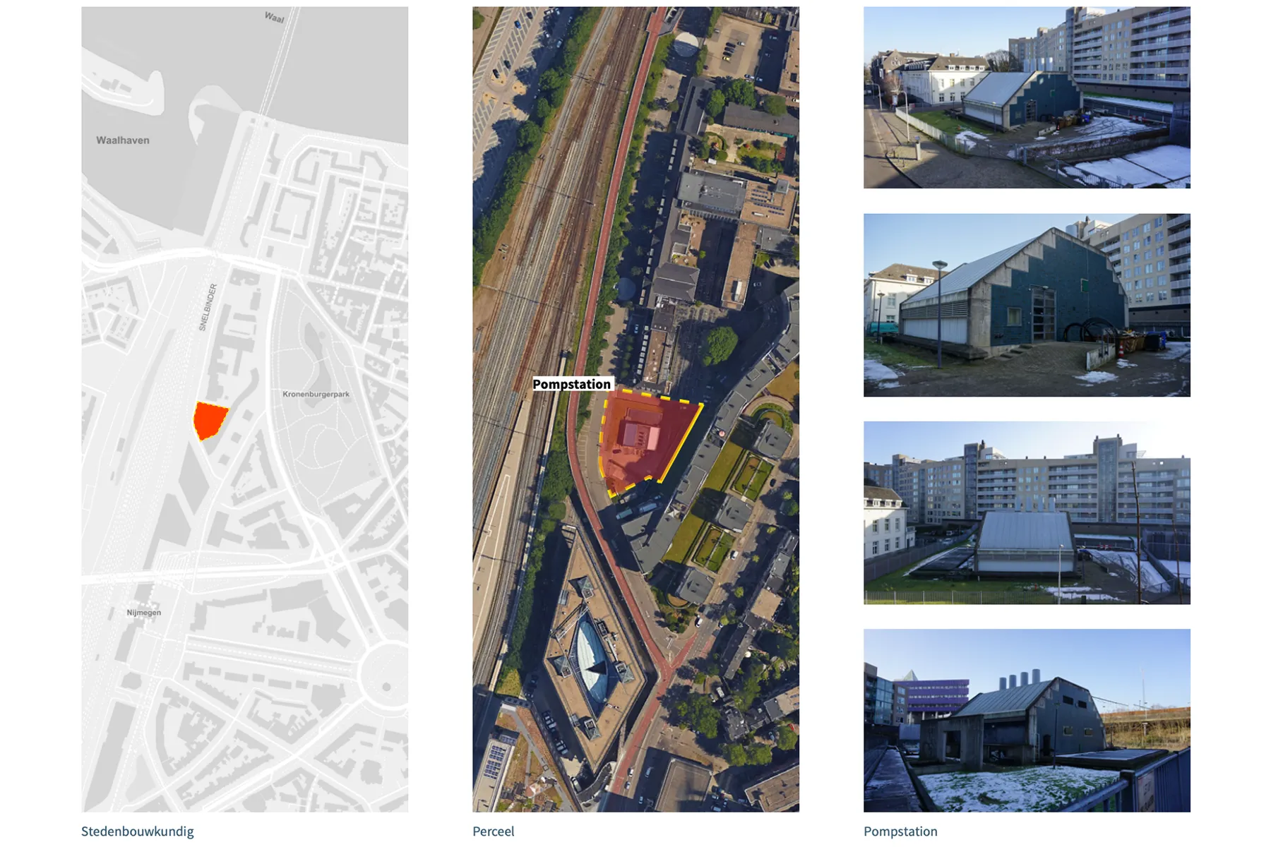 Luchtfoto en ligging van het waterpompstation in Nijmegen