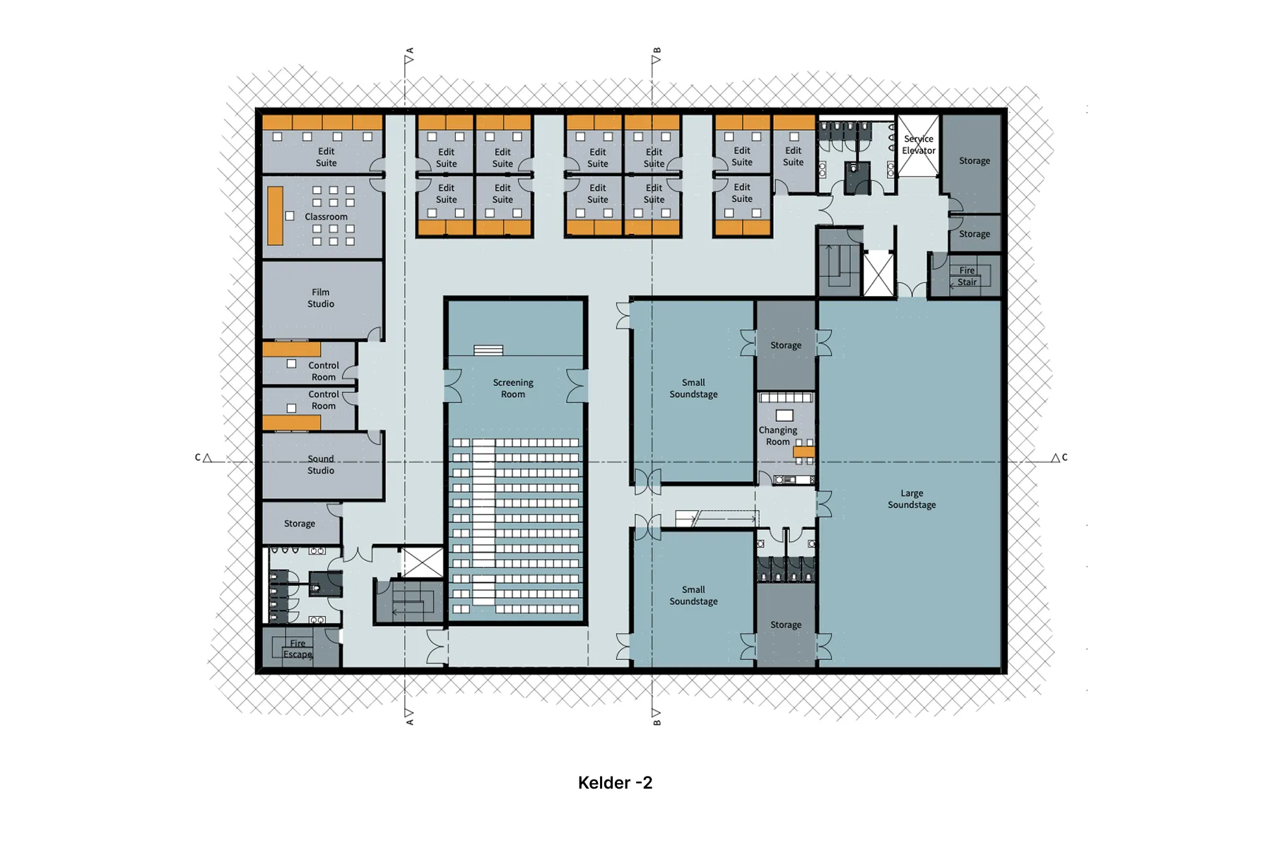 Plattegrond van de kelderverdiepingen met studio's, bioscoop en editsuites.