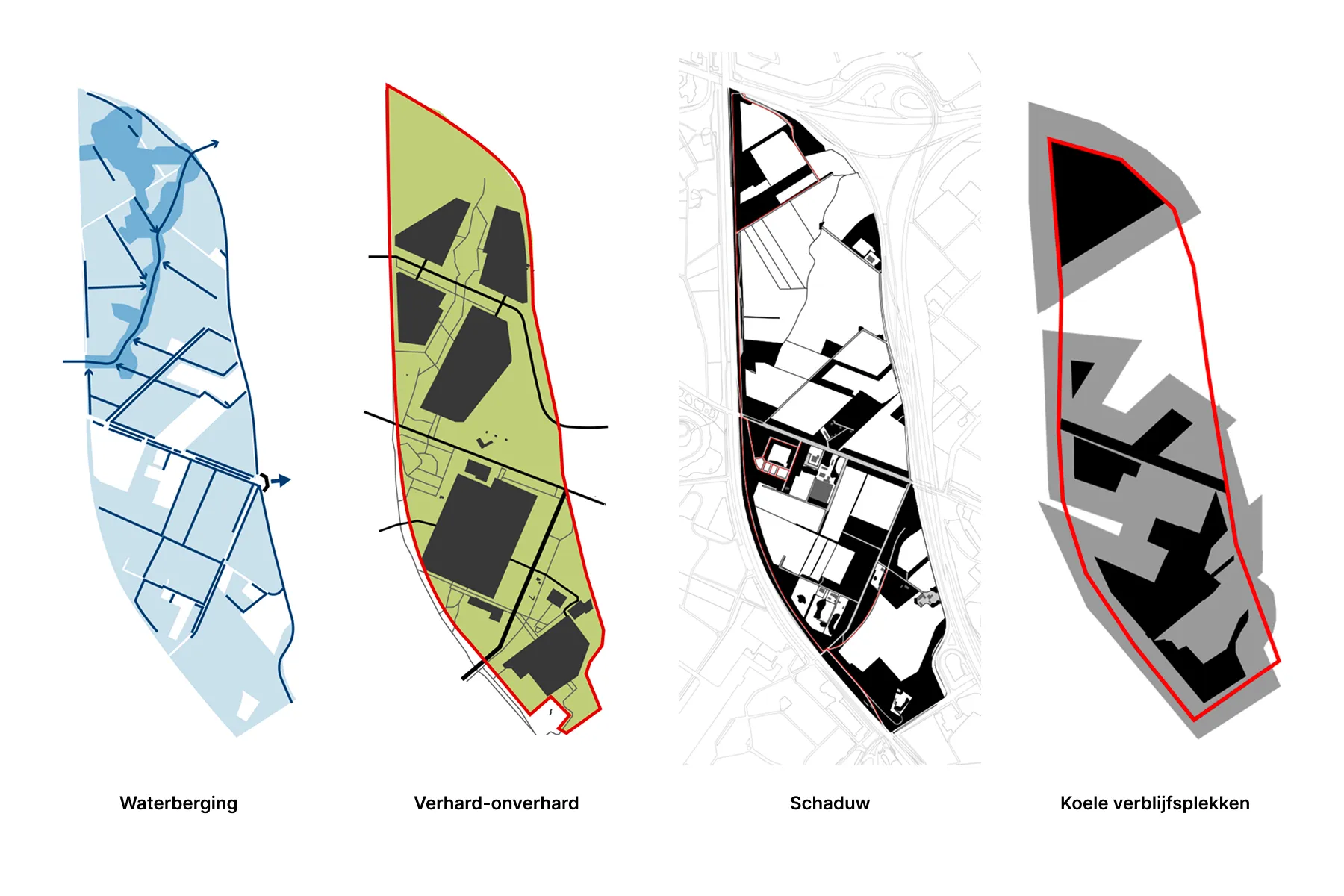 Klimaatanalyse van het oorspronkelijke plan (gebaseerd op p.14/15 uit het rapport), die aandachtspunten zoals waterberging, schaduw en verhard oppervlak illustreert.