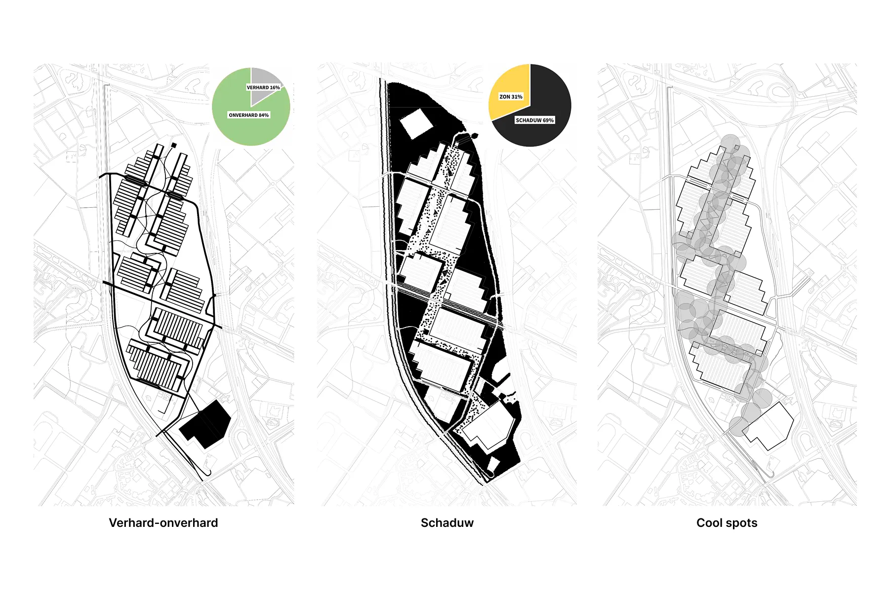Kaart die de klimaatrobuuste aspecten van verharding, schaduw en coolspots toont (gebaseerd op figuren p.37, p.39, p.41 uit het rapport).