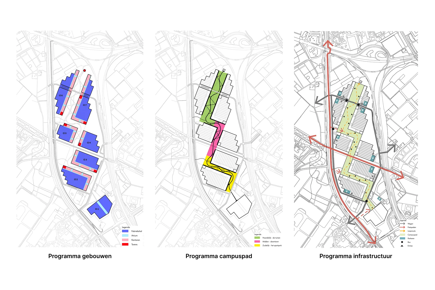 Programmatische opzet van de gebouwen in ons ontwerp (vergelijkbaar met figuur p.25 uit het rapport), met aanduiding van fabriekshallen, atria, kantoren en torens.
