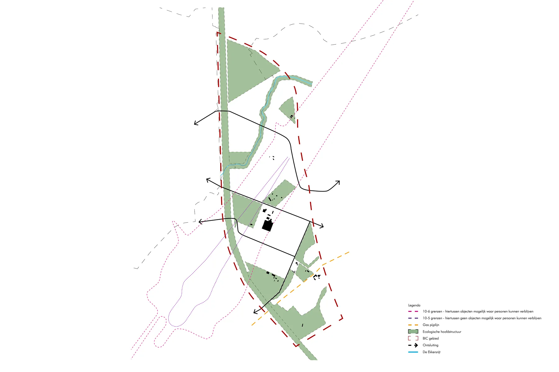 Kaart met restricties in het BIC-gebied (vergelijkbaar met p.9 uit het rapport), zoals EHS-zones, vliegveldcontouren en gasleidingen.