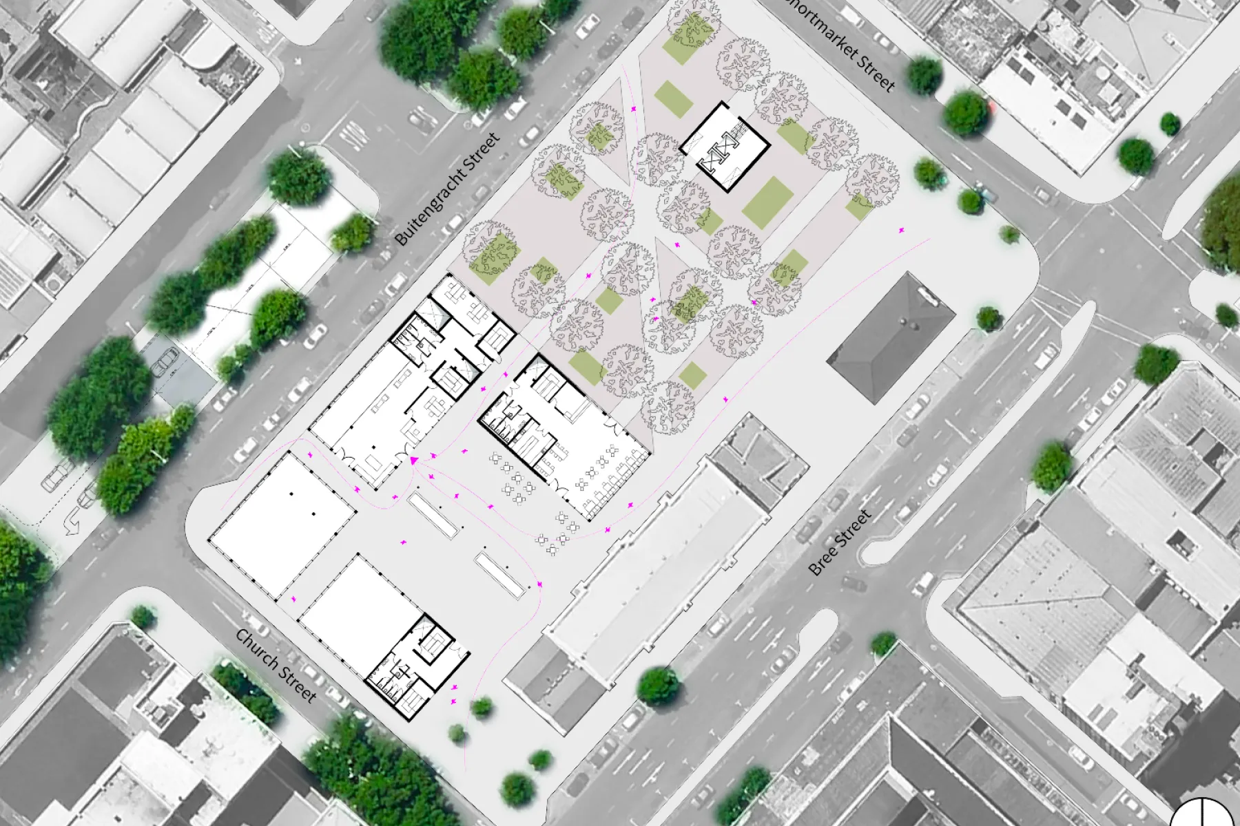 Luchtfoto en context van Riebeek Square, de locatie voor de Film Academy.