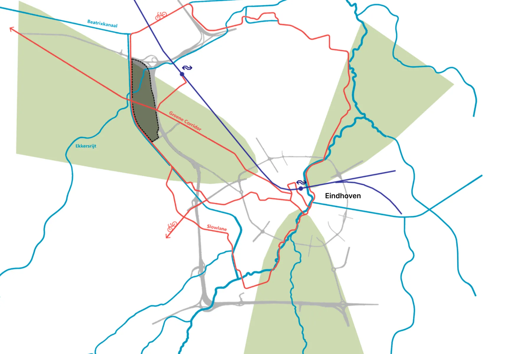 Situatietekening van het plangebied voor de Brainport Industries Campus (vergelijkbaar met p.6/7 uit het rapport), die de context met omliggende infrastructuur (A2/N2, vliegveld) en groengebieden (Beatrixkanaal, Ekkersrijt) toont.