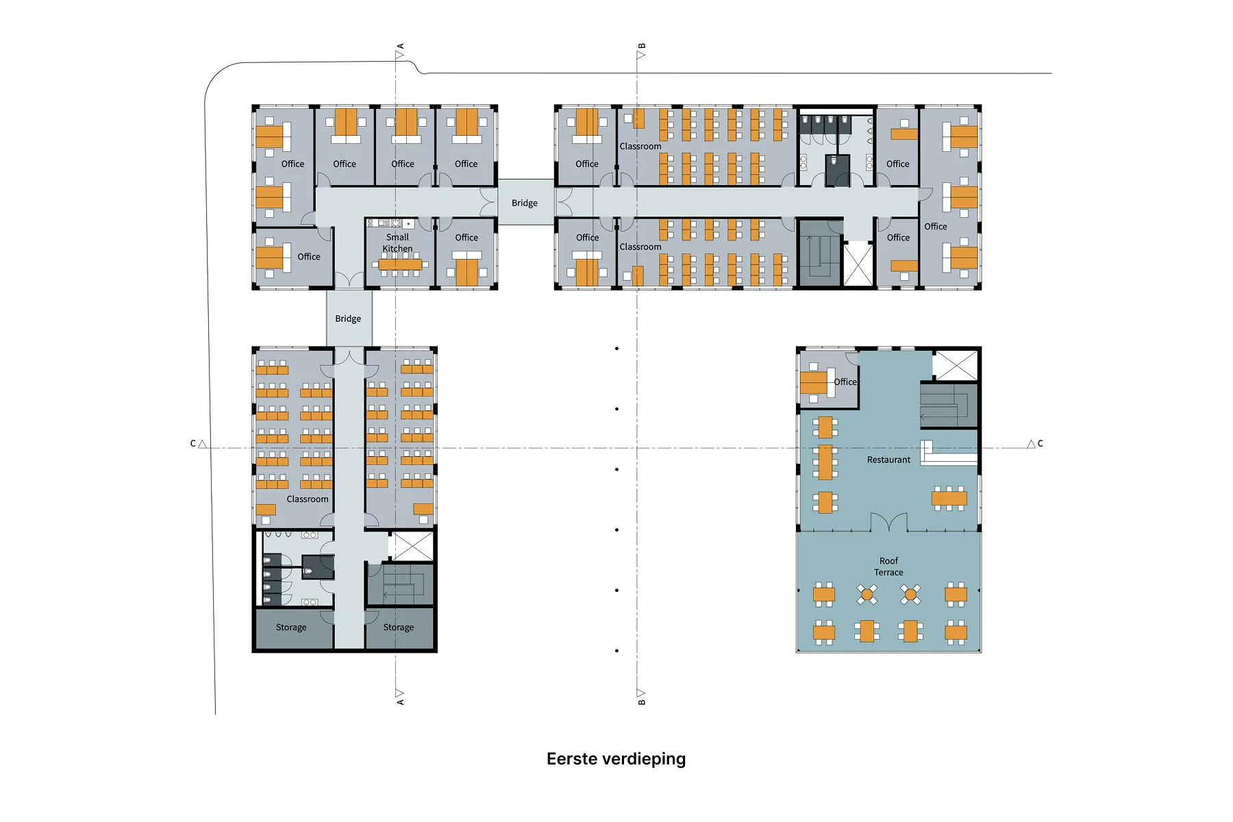 Plattegrond van de eerste verdieping met klaslokalen, kantoren en restaurant.