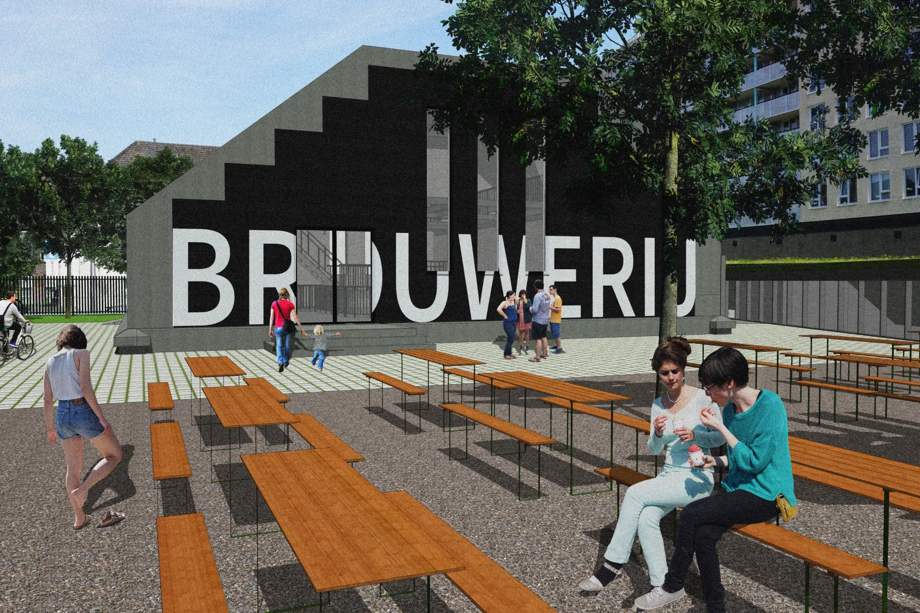 Visualisatie van de biergarten en het exterieur.