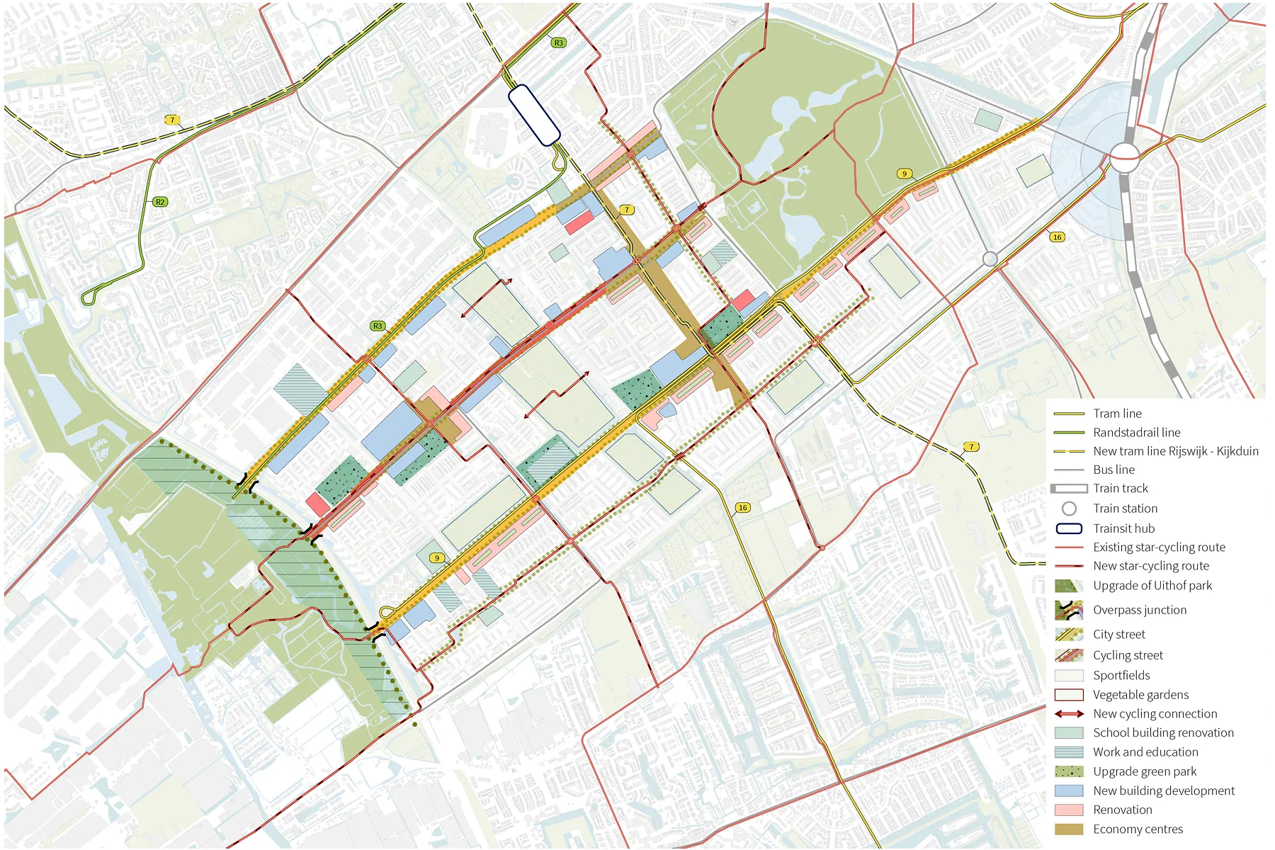 Overzichtskaart 'Het Plan' met aanduiding van intensiveringsgebieden, nieuwe OV-lijnen, fietsroutes, groenupgrades en ontwikkelzones